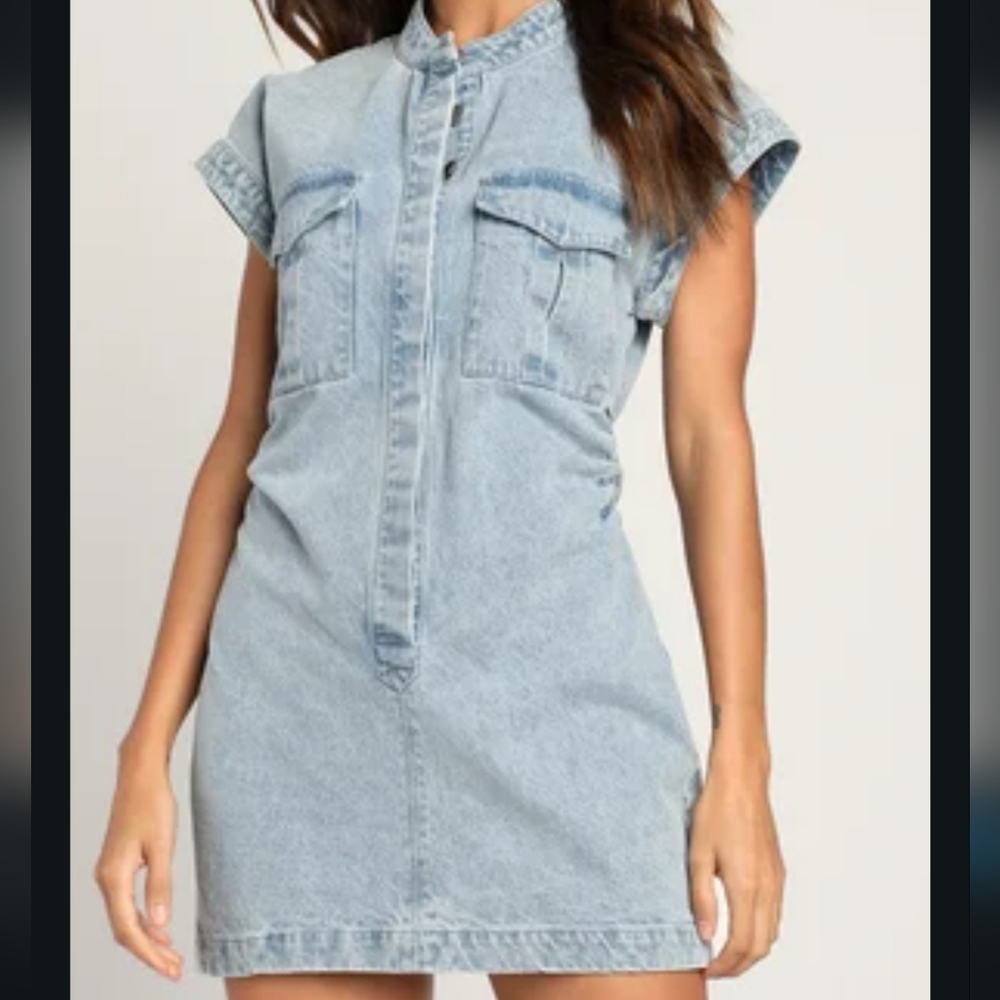 Lulu's Blue Mini Dress with Cuffed Sleeves and Mandarin Collar